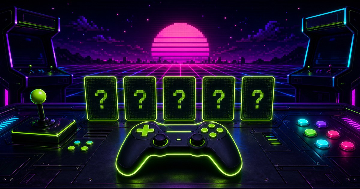 Neon arcade mystery-card game setup
